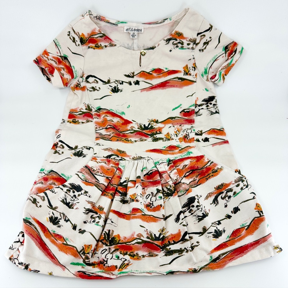 Art & Eden 2T Cotton Blend Short Sleeve Landscape Print Dress
